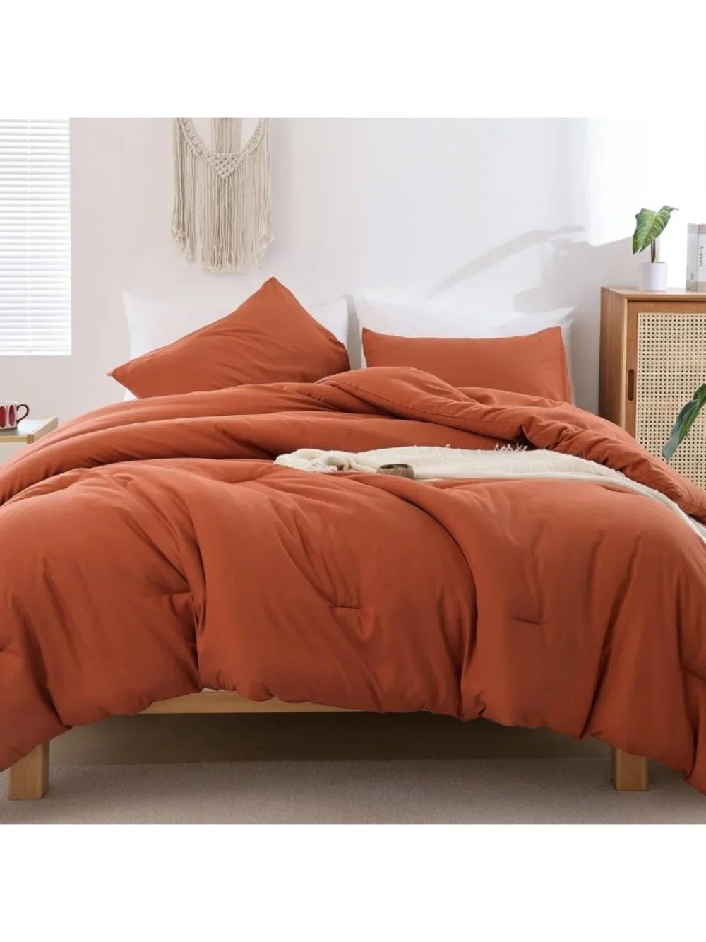 Boho Terracotta Queen Comforter Set, 3pcs Burnt Orange Lightweight Fall Bedding